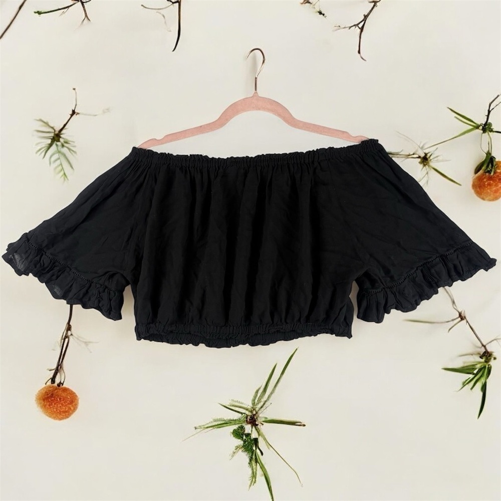 Keliki Hawaiian Black Off-Shoulder Women's Lightweight Crop Top Bell Sleeves L - Picture 5 of 10
